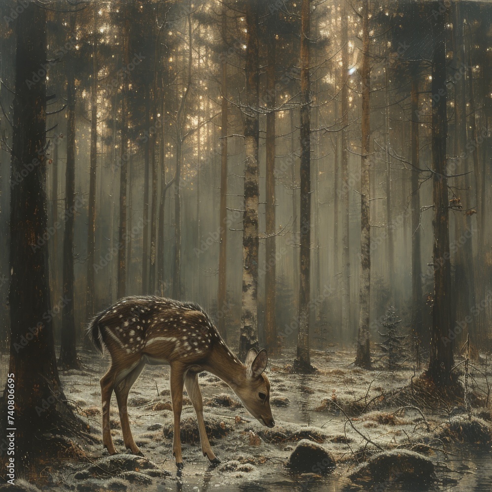 Gentle deer grazing in a peaceful forest, symbolizing harmony with nature. Gentle deer grazing in a peaceful forest, symbolizing harmony with nature.