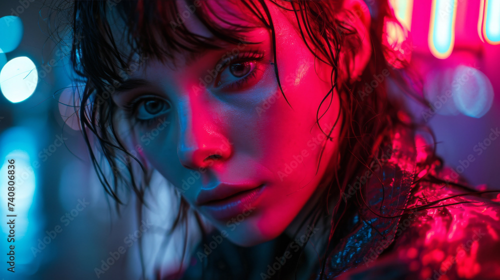 Close-up with red and blue lighting of a young Woman face with black hair and light eyes looking the camera wet by the rain with a blurry background