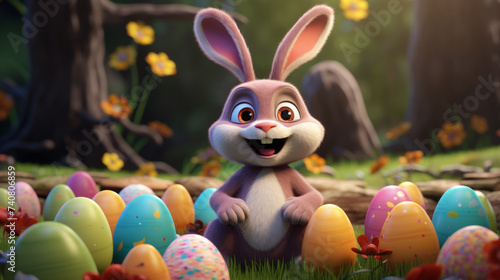 Wallpaper Mural Cute and happy cartoon pink Easter Rabbit in the middle of many painted and colored eggs with a blurry background Torontodigital.ca