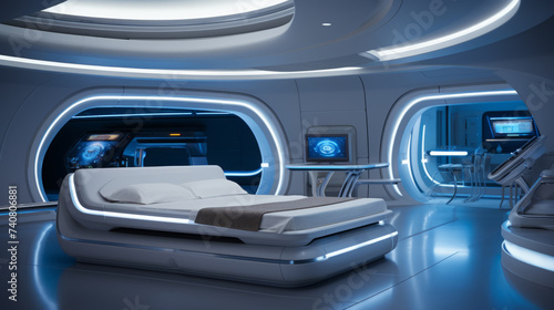 Futuristic spaceship large Bedroom mainly in light blue colors with curved white lines for lighting without window © ShkYo30