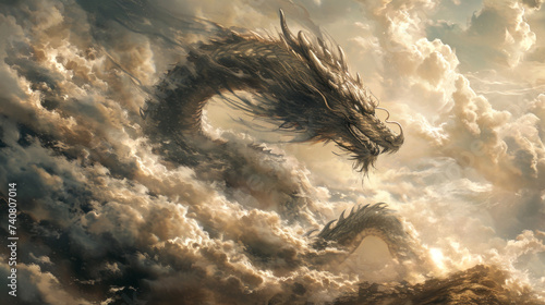 Painting of a large Traditional dark Silver Chinese Dragon flying in the sky with dense and textured clouds and a warm right lightning