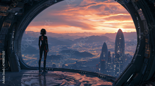 Standing Woman wearing a skinny black spacesuit contemplating the endless city of an unknown world with a sunset behind a large rounded window into a spaceship