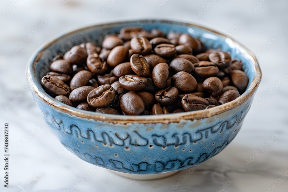 Fototapeta premium Bowl of Fresh Coffee Beans: Ideal for Brewing Your Morning Cup. Concept Coffee, Morning Routine, Fresh Brew, Aromatic Beans, Energizing Start