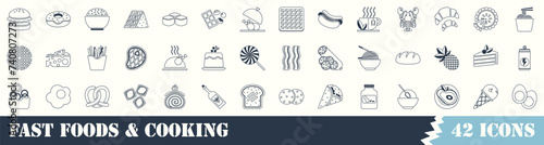 Set of 42 outline icons related to fast foods and cooking . Vector linear icon collection. Editable stroke.
