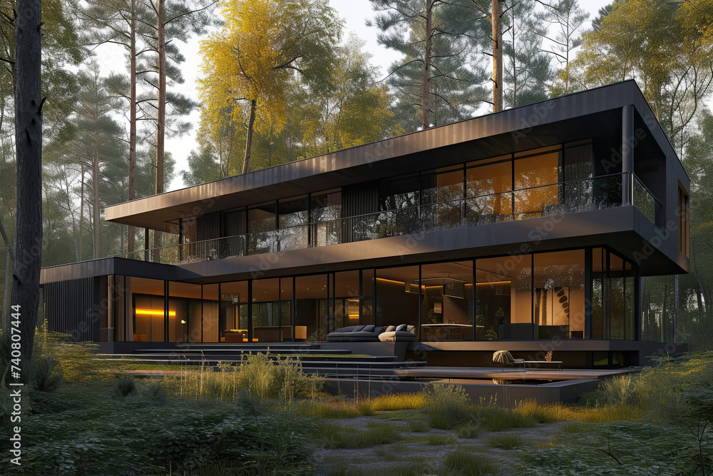 exterior of a modern house in the woods. wooden forest house surrounded by trees exterior of a modern house in the woods. wooden forest house surrounded by trees