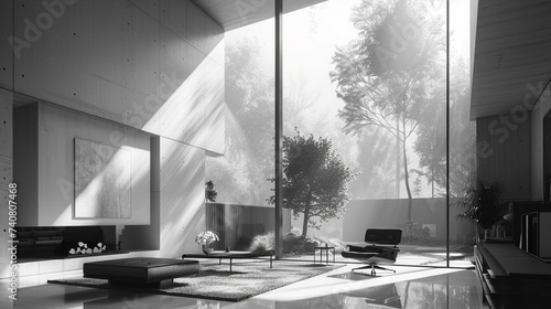A monochromatic, cube-shaped house with large windows showcasing a carefully curated minimalist interior. photo