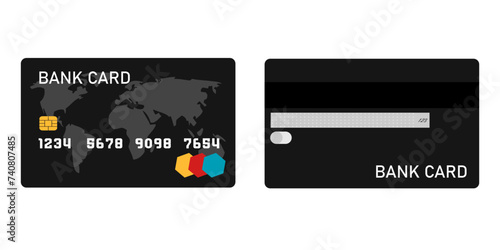 Set of Black Credit Cards vector mockups on white background. Flat design template with black credit card . Mockup on white backdrop. Flat isometric vector illustration. Isolated vector illustration.