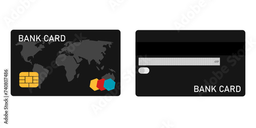Set of Black Credit Cards vector mockups on white background. Flat design template with black credit card . Mockup on white backdrop. Flat isometric vector illustration. Isolated vector illustration.
