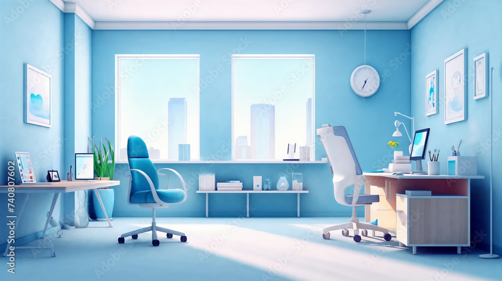 a room with a desk, chair, and a clock on the wall and a window with a city view, generative ai a room with a desk, chair, and a clock on the wall and a window with a city view, generative ai