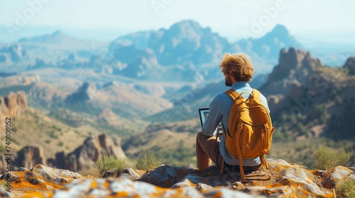 business man working on laptop on mountain peak