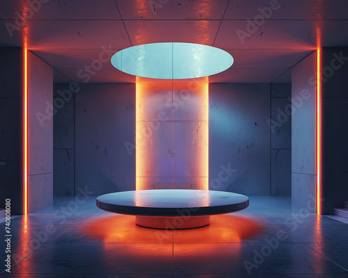 Futuristic pedestal in a modern sci fi interior cyberpunk vibe designed for product highlights photo