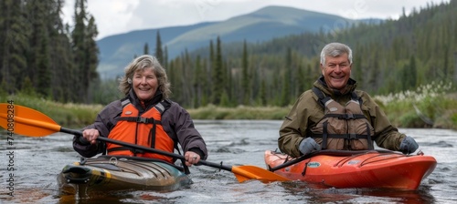 Senior couple smiling while kayaking on vacation, blank space for text placement.