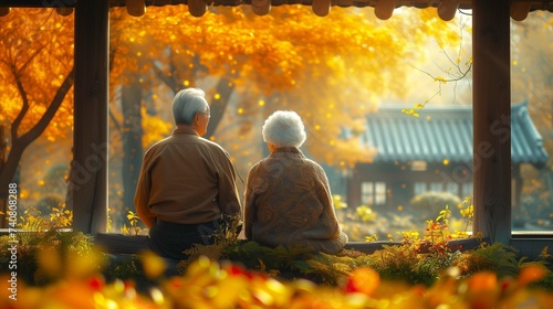 Elderly couple enjoying time together in the park garden, smiling amid colorful flowers, radiating love and happiness photo