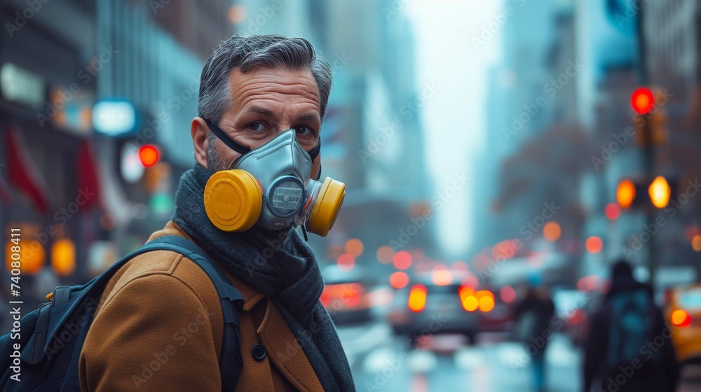 A businessman wearing a suit and wear chemical mask walks across the street A businessman wearing a suit and wear chemical mask walks across the street