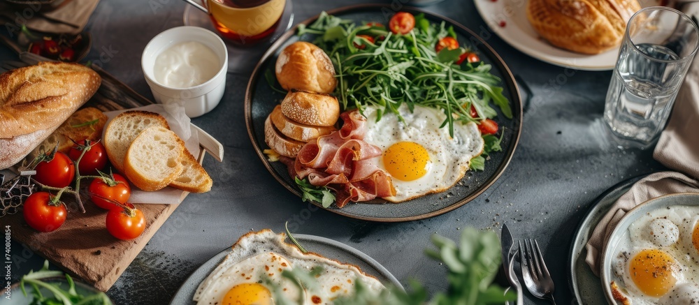 Delicious spread of food on a table with a hot cup of coffee for breakfast or brunch Delicious spread of food on a table with a hot cup of coffee for breakfast or brunch