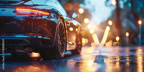 Luxury Car on Rainy Evening Street. Luxury car under city lights on a reflective wet street. © AI Visual Vault