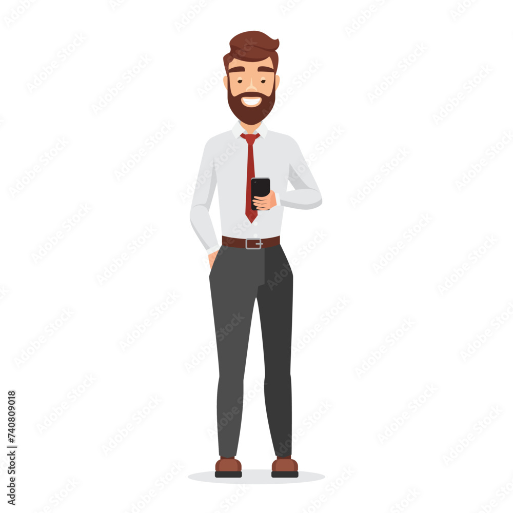 Funny happy businessman holding phone to call business partners or family vector illustration