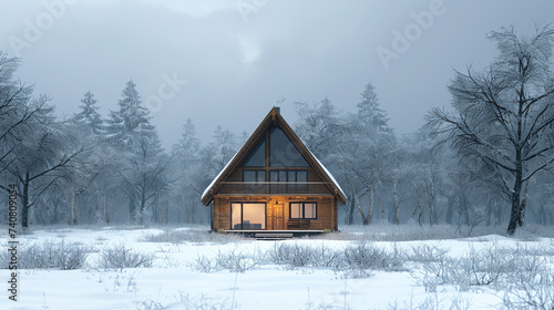 A simple A-frame house against a snowy backdrop, emphasizing the purity of the white snow and the coziness of the wooden structure. © Adnan Haider