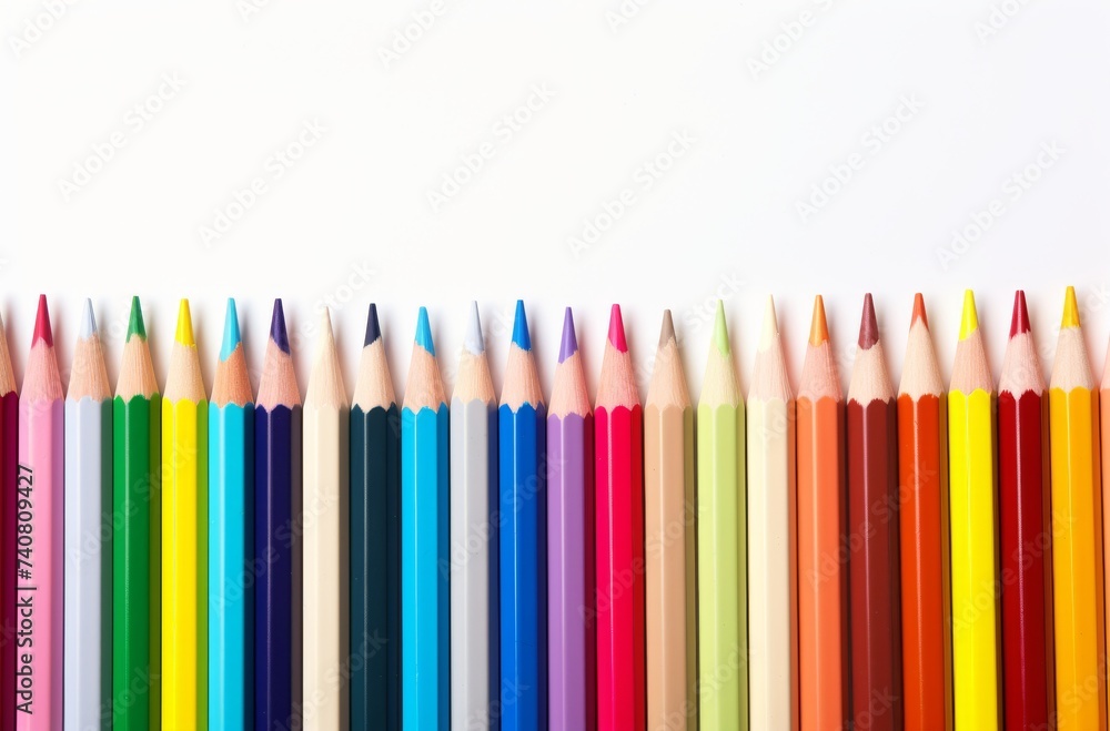 A vibrant array of writing implements, including pencils and crayons, adorns the office supplies, promising endless creativity and colorfulness A vibrant array of writing implements, including pencils and crayons, adorns the office supplies, promising endless creativity and colorfulness