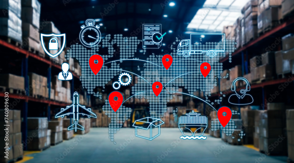 Fototapeta premium Concept Growth of transport and logistics. symbols of Container cargo ship, airplane, cargo truck
