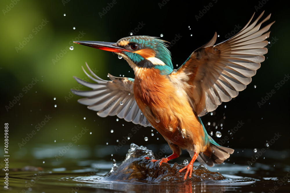 The female Kingfisher emerged from the water after him - obrazy, fototapety, plakaty 