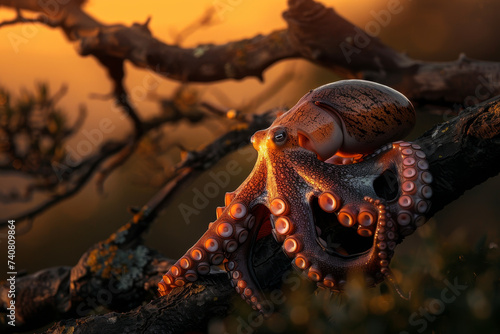 Octopus Perched on Branch with Warm Sunset Glow  Displaying Tentacles and Textured Skin