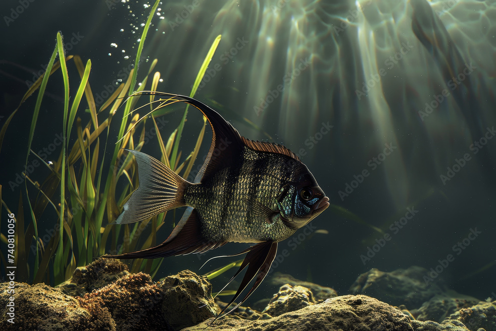 Angelfish swimming in a serene underwater scene with sunbeams filtering through water and lush aquatic plants. - obrazy, fototapety, plakaty 