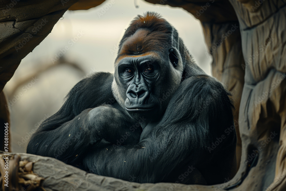 Portrait of a contemplative gorilla resting in a natural habitat, with a thoughtful expression. Portrait of a contemplative gorilla resting in a natural habitat, with a thoughtful expression.