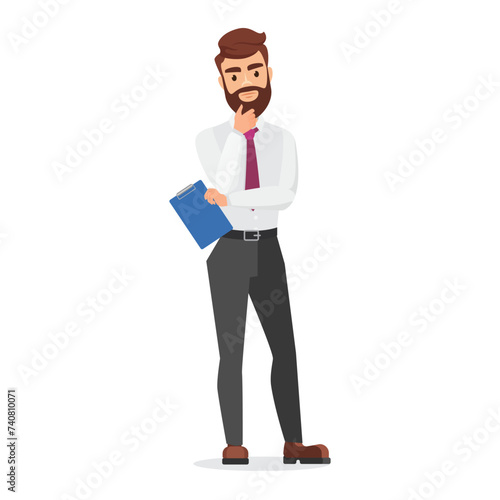 Funny businessman standing in doubt, man holding clipboard and thinking vector illustration