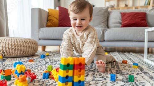Happy baby girl playing with toys on carpet in living room in light beige home outfit