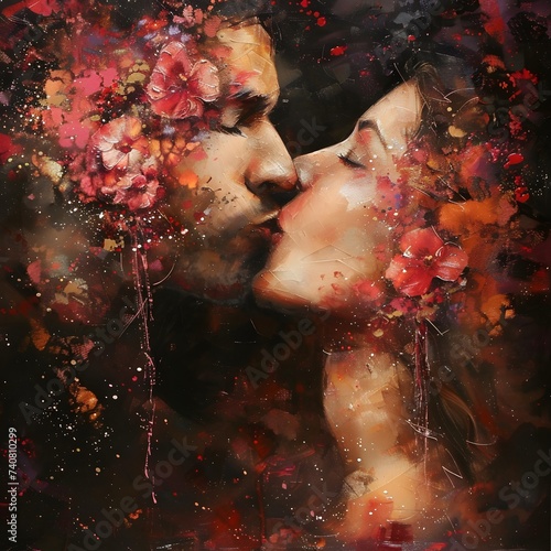 Portrait of young couple kissing on abstract background. Digital painting. (ID: 740810299)