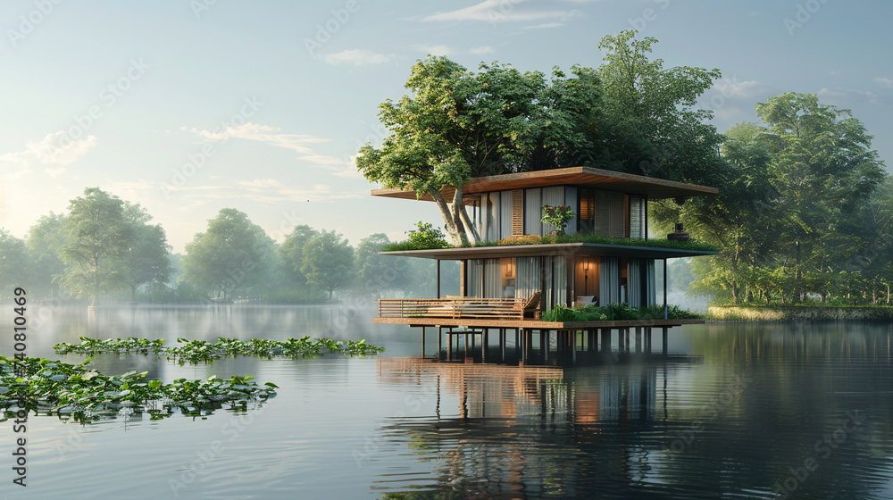 A small house on stilts, surrounded by water. The elevated design not only offers flood protection but also provides breathtaking views of the tranquil surroundings.