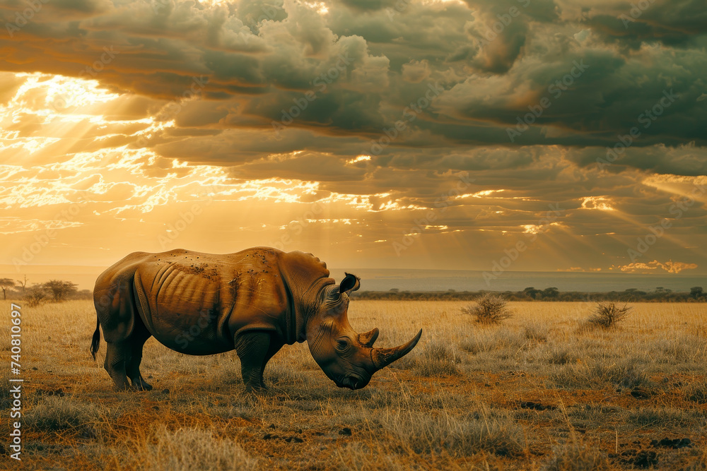 Fototapeta premium Majestic Rhinoceros Grazing at Sunset in Savannah