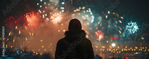 Group of people observing fireworks display during New Years Eve celebration. Concept New Years Eve, Fireworks Display, Celebration, Group of People, Observing, photo