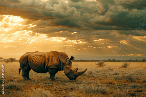 Majestic Rhinoceros Grazing at Sunset in Savannah