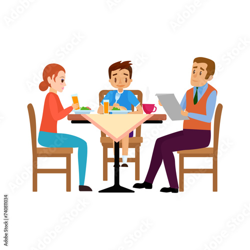 Happy family sitting at wooden table to eat lunch or dinner together, man reading newspaper vector illustration