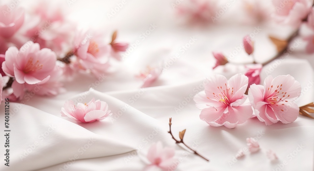Sakura flower on white cotton fabric cloth backgrounds Sakura flower on white cotton fabric cloth backgrounds