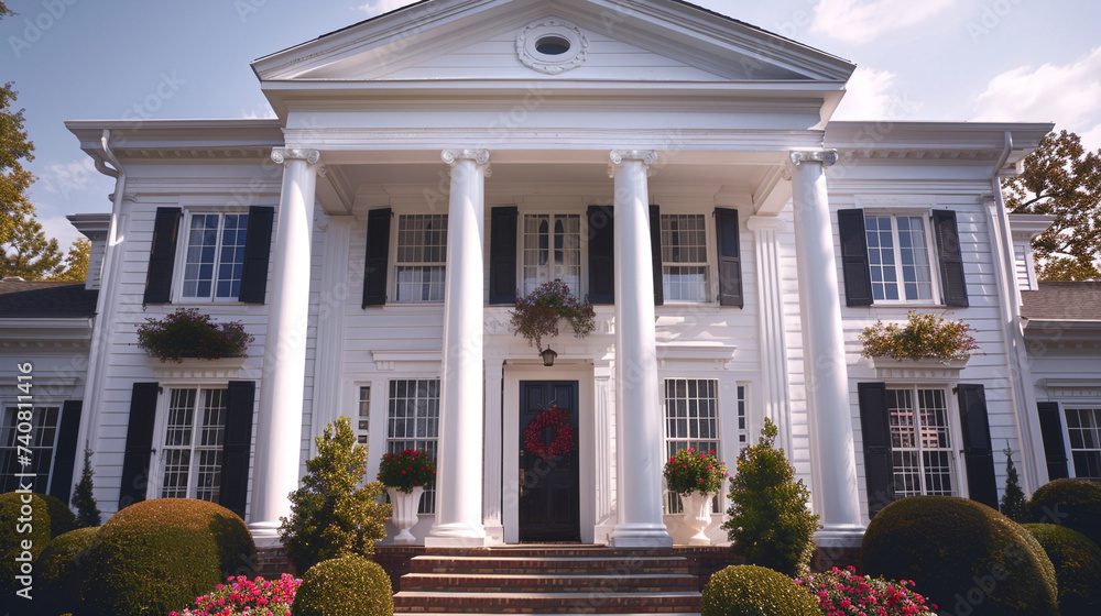 A suburban colonial-style home with symmetrical features, emphasizing the classic architecture and the crispness of the white columns against a clear day.