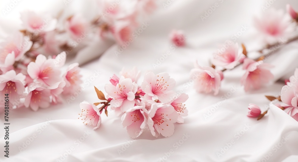 Sakura flower on white cotton fabric cloth backgrounds Sakura flower on white cotton fabric cloth backgrounds