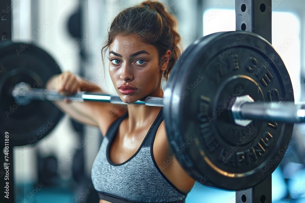 A determined woman challenges her physical limits as she lifts weights with precision and strength in a well-equipped gym, embodying the essence of fitness and dedication A determined woman challenges her physical limits as she lifts weights with precision and strength in a well-equipped gym, embodying the essence of fitness and dedication