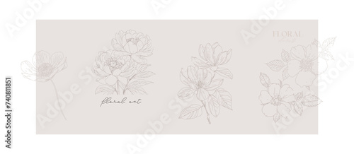 Floral header with peonies, wild rose, rose hip flowers