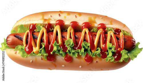 Delicious hot dog with fresh vegetables, mustard and ketchup isolated on transparent background, png file