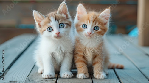 two cute orange and white kittens are sitting on wooden floor