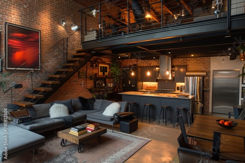 Sunlight filters through large windows, casting warm hues over a cozy loft living area. Exposed brick walls, vibrant houseplants, rug under a modern sectional couch create an inviting space greenery