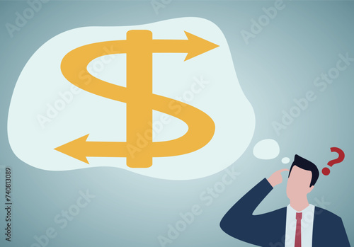 Money decision, investment choice or option to make profit, buy or rent, pay off debt or invest, select best earning asset. Confused businessman thinking about investment choice.