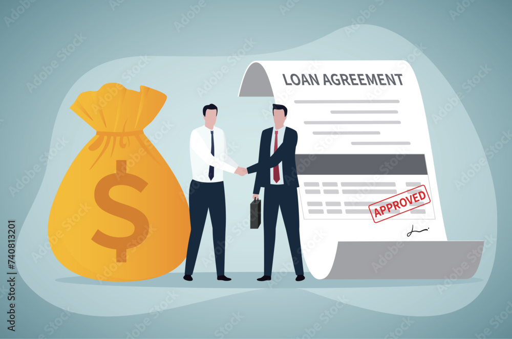 Loan agreement borrow money from bank, mortgage, debt or obligation to pay back interest rate, personal loan or financial support concept, businessman shaking hand with loan agreement and money bag. Loan agreement borrow money from bank, mortgage, debt or obligation to pay back interest rate, personal loan or financial support concept, businessman shaking hand with loan agreement and money bag.