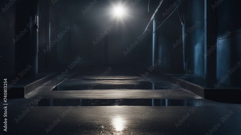 light in the night a dark room with a puddle in the floor wet concrete 