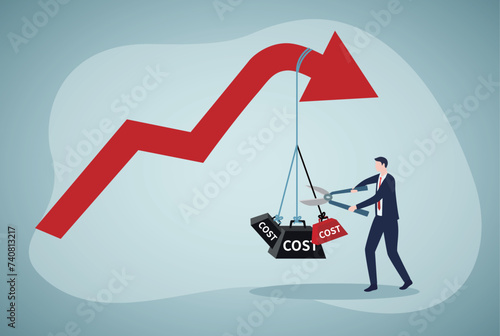 Cost reduction, cut expense to increase profit, improve business profitability by reduce spending, decrease investment fees, businessman using scissors to cut heavy cost burden and let profit arrow up