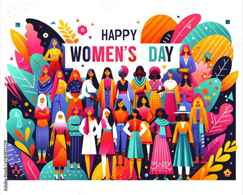 A vibrant and creative flat vector illustration for a Happy Women's Day poster