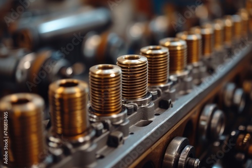 Close-up of new metal parts for repairing and creating agricultural machinery. Close-up of metal cylinders with screw threads on a conveyor belt on a blurred background of a production workshop. Copy